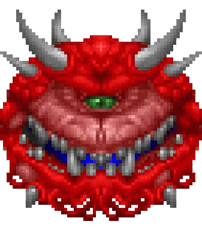 A floating Cacodemon from DOOM, charging a plasma bolt in its mouth