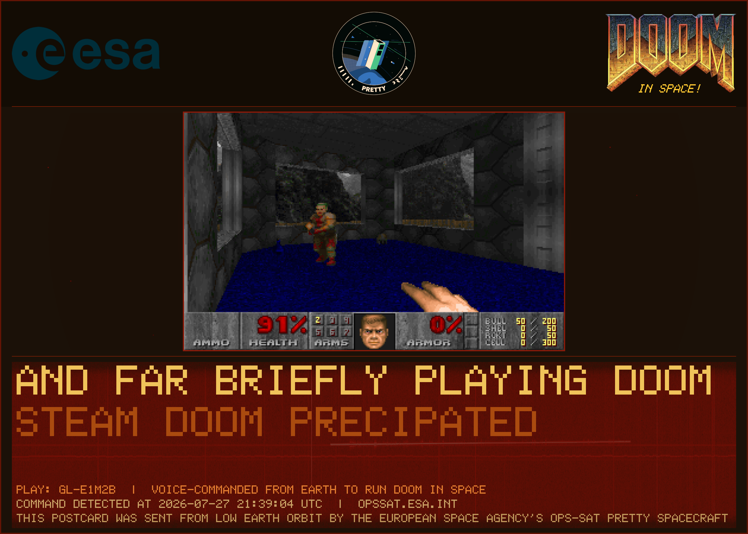 A DOOM-themed postcard composed on board the satellite on the evening pass: a gameplay frame with logos, the onboard transcription, and signal diagnostics.